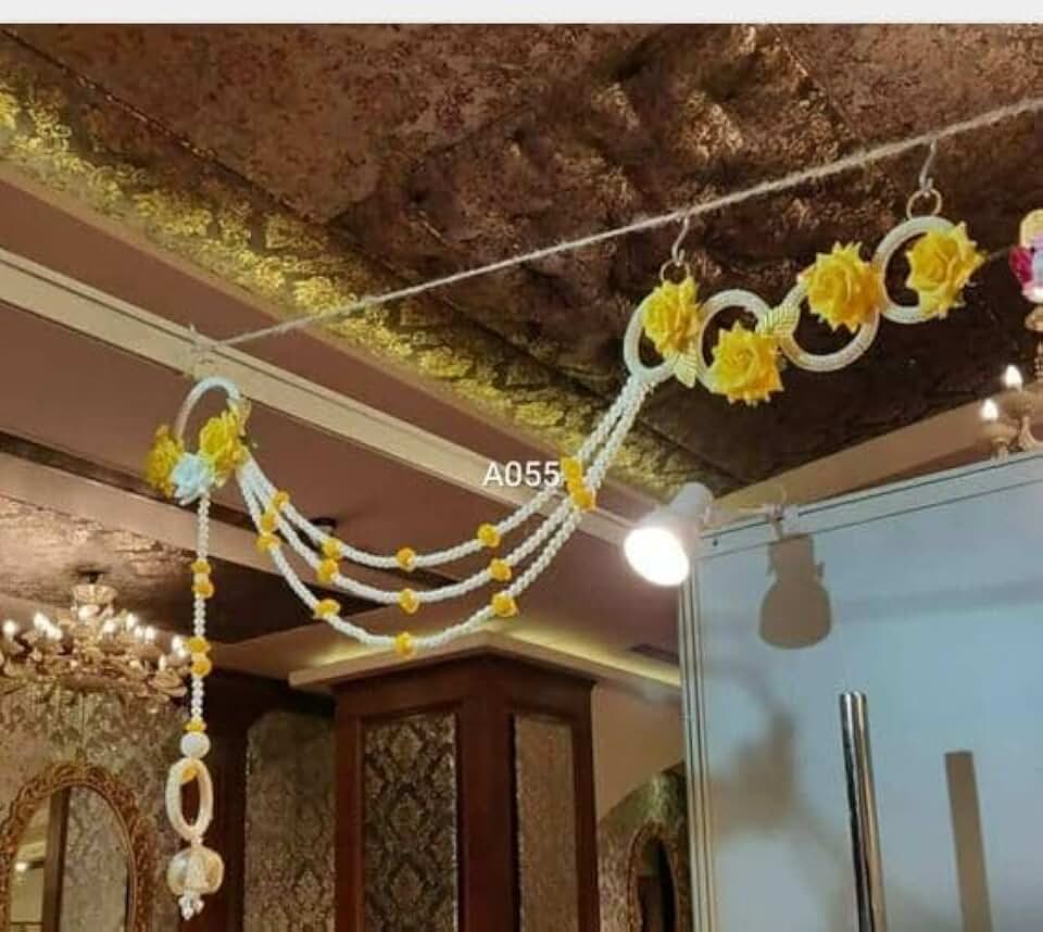 Velvet Flower & Moti Chudi, White Beads Bandhanwar/Garlands Handmade Door Entrance Hanging Home Traditional/Wall Decoration Diwali| Artificial Flower (Yellow)