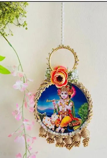 Nutts Lord Krishna Round Wall Hanging Decorative Door Hanging with Floral Embellishment and Tassel Bells for Home Temple and Festive Decor Occasions Pack of 2 | SMALL25