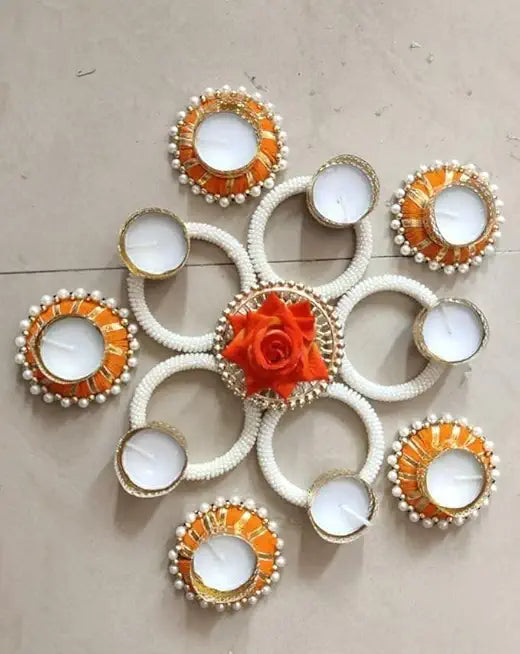 crafts Handcrafted Decorative Rangoli T-Light Holder Set | Diwali Diya Set | Home Decor | Rangoli Tlight Holder Set for Decoration (Rang73)