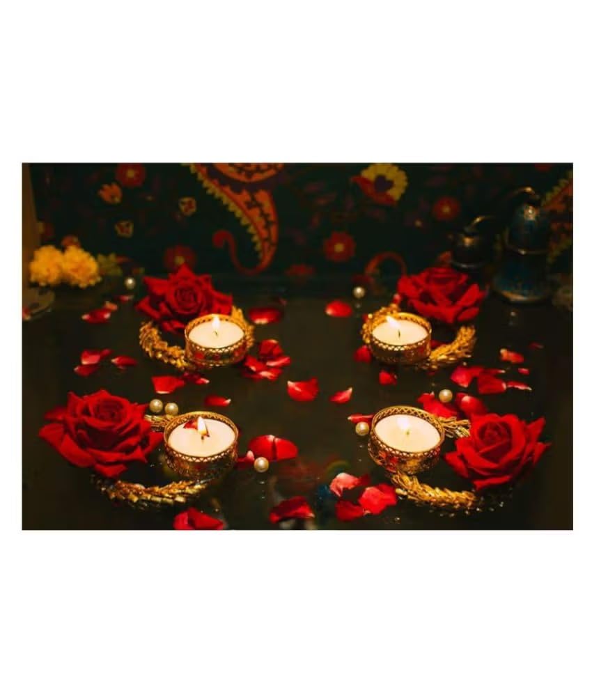 Sellplus Decorative Lace Chudi Velvet Rose Tealight Holder | Decoration for Home | Office | Diwali | Pooja | Diwali & All Special Festival Decor (Design 25) (Pack of 4) (Tealight192)