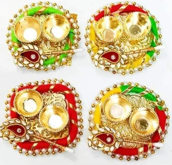 Beautiful Roli Chawal Tikka Case, Holder Roli Chawal Plate with Stick Home & Tample, Diwali Festival Round (2)