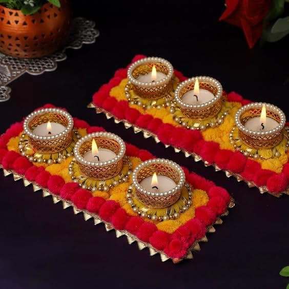 Sellplus Decorative Pom Pom Mats Tealight Holder | Decoration for Home | Office | Diwali | Pooja | Diwali & All Special Festival Decor (Tealight-156) (Pack of 2)