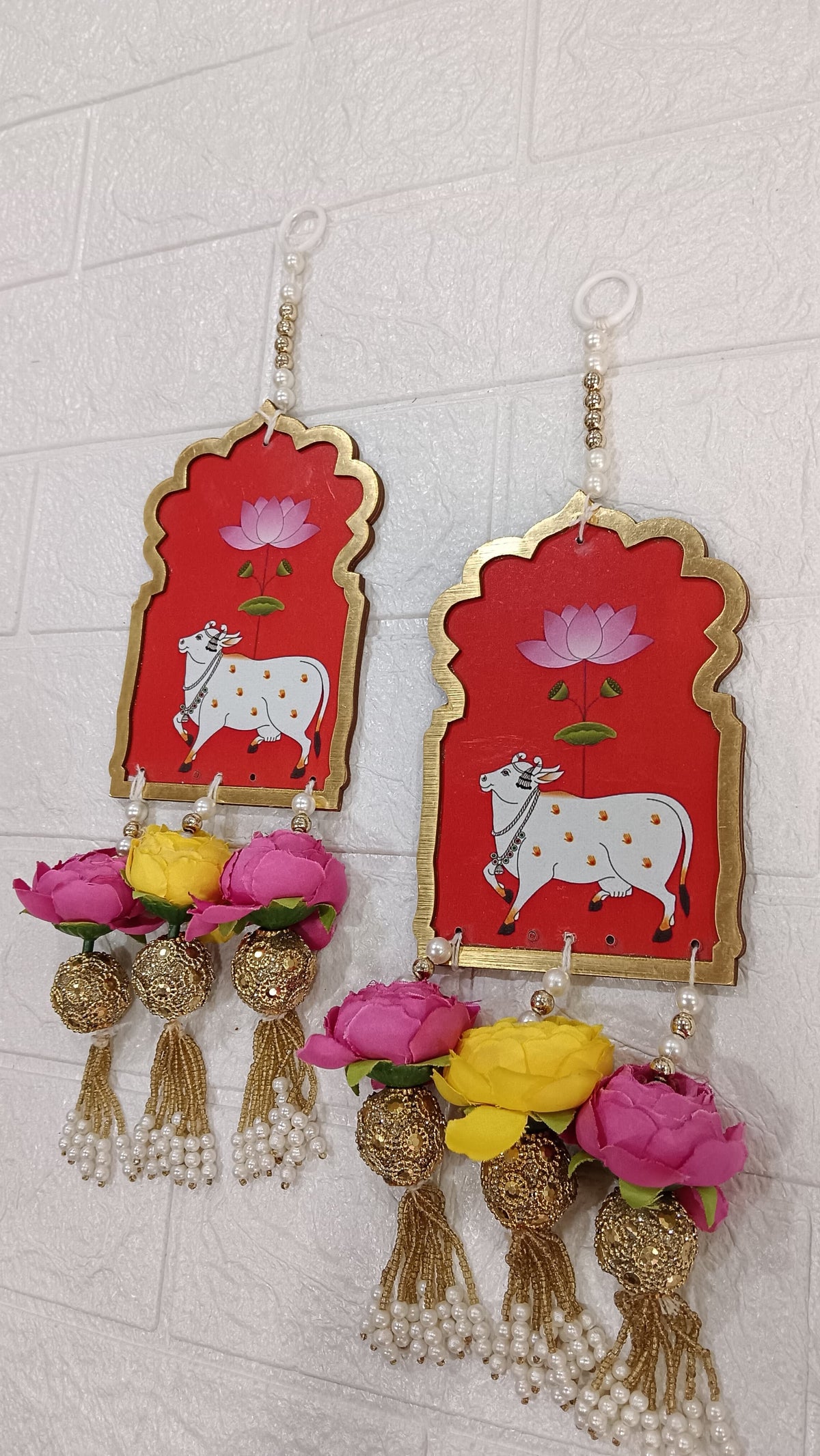 Nutts Handmade Cow MDF Door Hanging Wall Decor | Artificial Flowers Pearl Tassels Traditional Festive Entrance Hanging Decorations (Pack of 2)