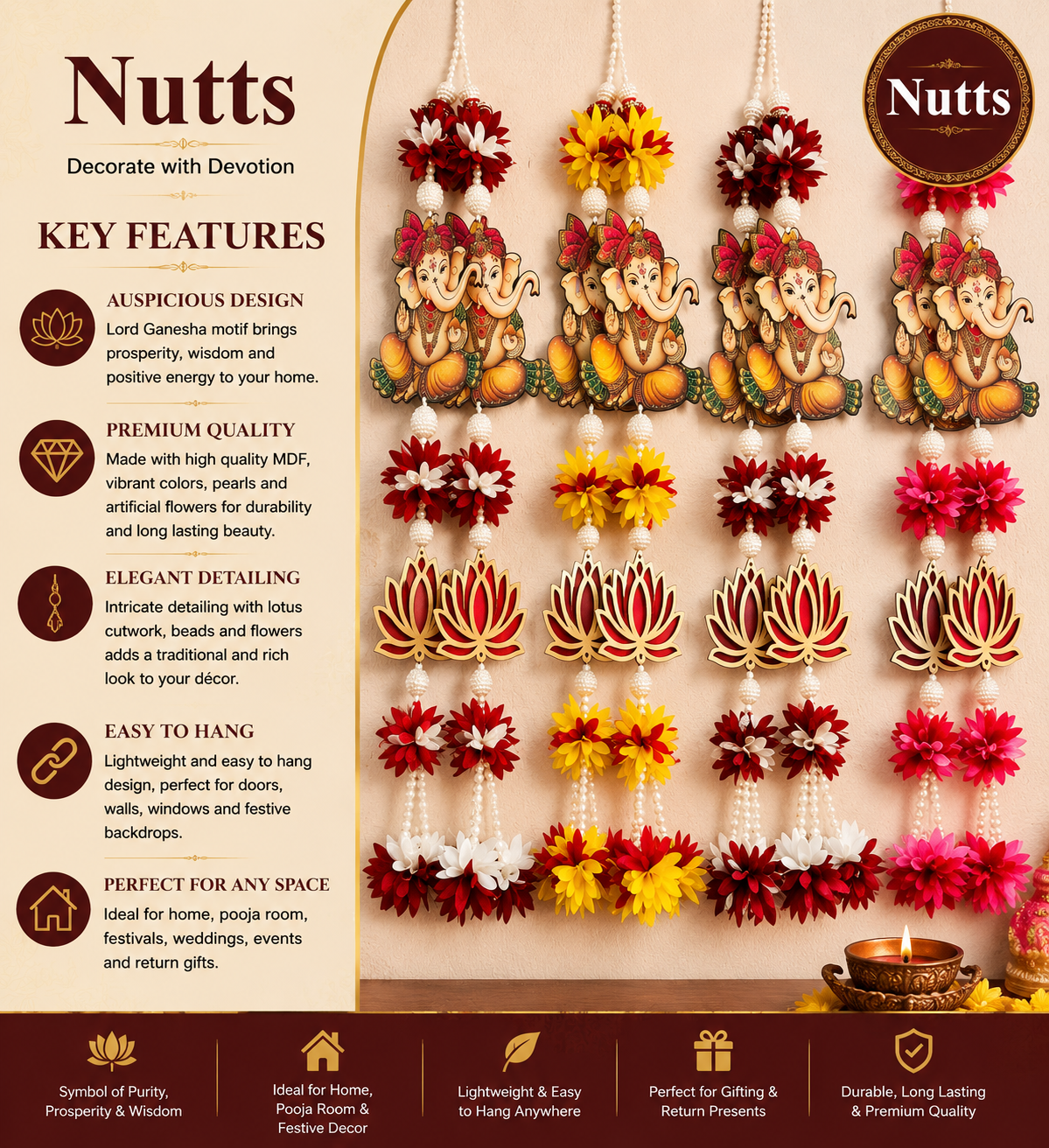 Nutts Lotus Wall Hanging Perfect For Peaceful Home Decor Ideal For Meditation Room Yoga Space And Spiritual Corners Adds Serenity