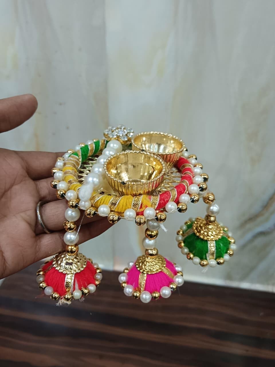 Sellplus Handmade Double Diya Holder Pearl Beaded Pompom Decorative Pooja Decor Festival Mandir Centerpiece Reusable Elegant Craft Home Pack of 4 (Tealight-390)