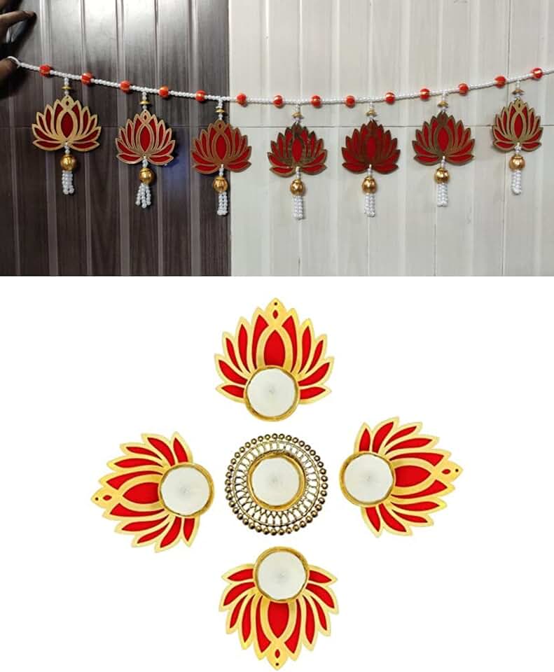 Beautyful Handmade Comboo Set, (Comboo of 1 Lotus Bandhanwar & Lotus Tea Light 5 Piece Set) Item for Home Décor Diwali Festival, Navratri, Wedding