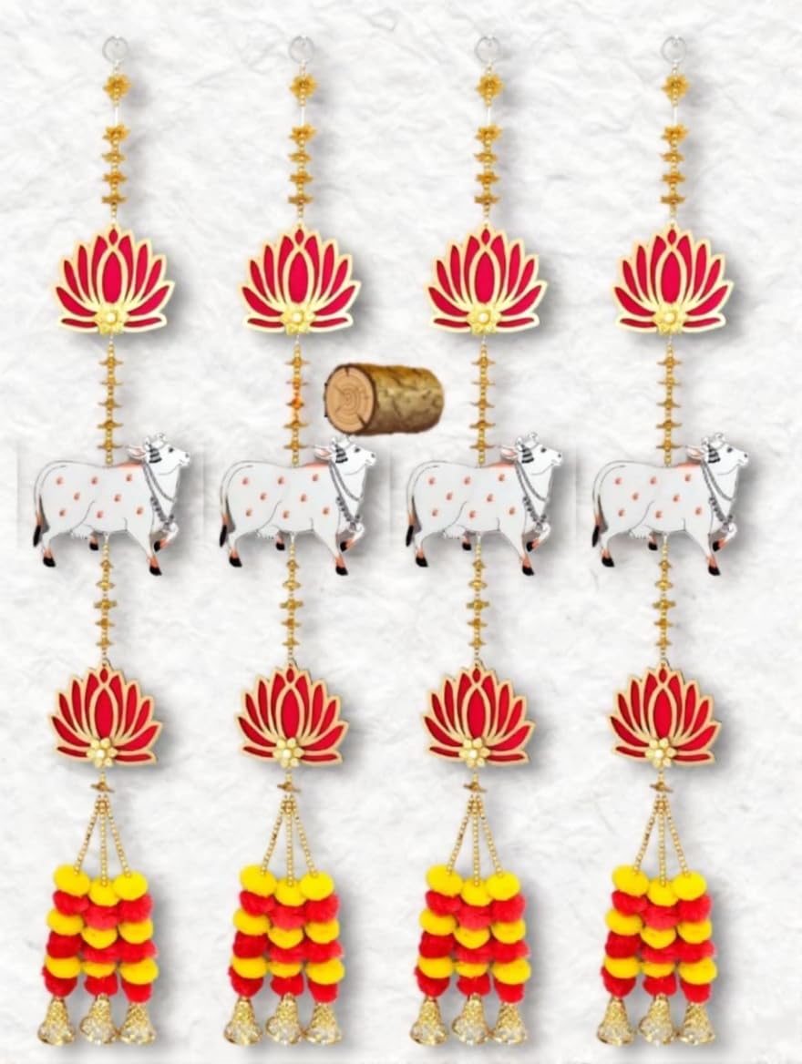 Nutts Handmade Decorative Multicolour Traditional Lotus Beads Cow Pom Pom Tessel Bell Hanging for Decoration | Lotus Hanging for Diwali and Festive Decoration (Lotus 130)
