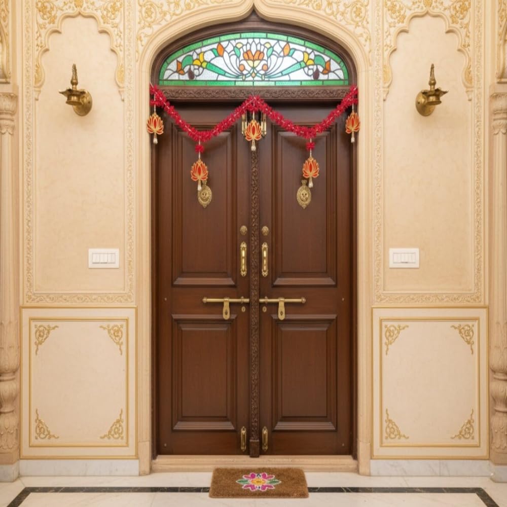 Sellplus Handmade Artificial Red Flower Lotus MDF Pearl Beads Decorative Bandhanwar Main Door Toran for Home Festival Pooja Entrance Decor Pack of 1 (BDHW108)