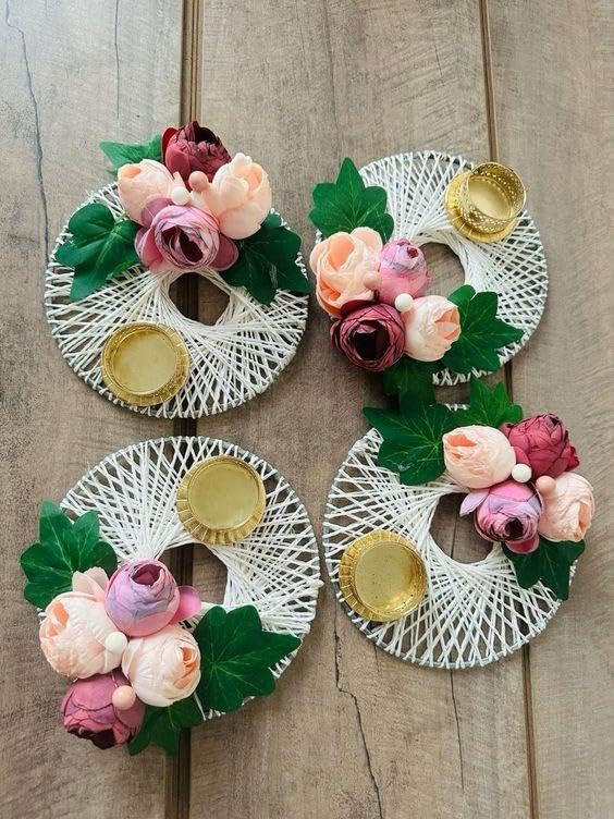 Sellplus Decorative Woolen Ring Peony Tealight Holder | Decoration for Home | Office | Diwali | Pooja | Diwali & All Special Festival Decor (Tealight-140) (Pack of 2)