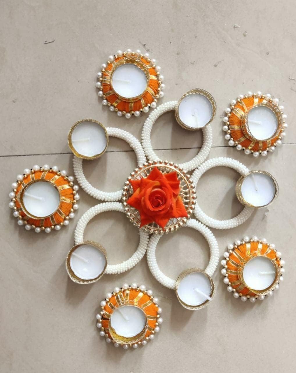 Sellplus Decorative Moti Chudi Velvet Rose Rangoli Set with Tealight Holder | Diwali Gift Diya | Decoration for Home | Office | Pooja | Diwali & All Special Festival Decor (Rang73)