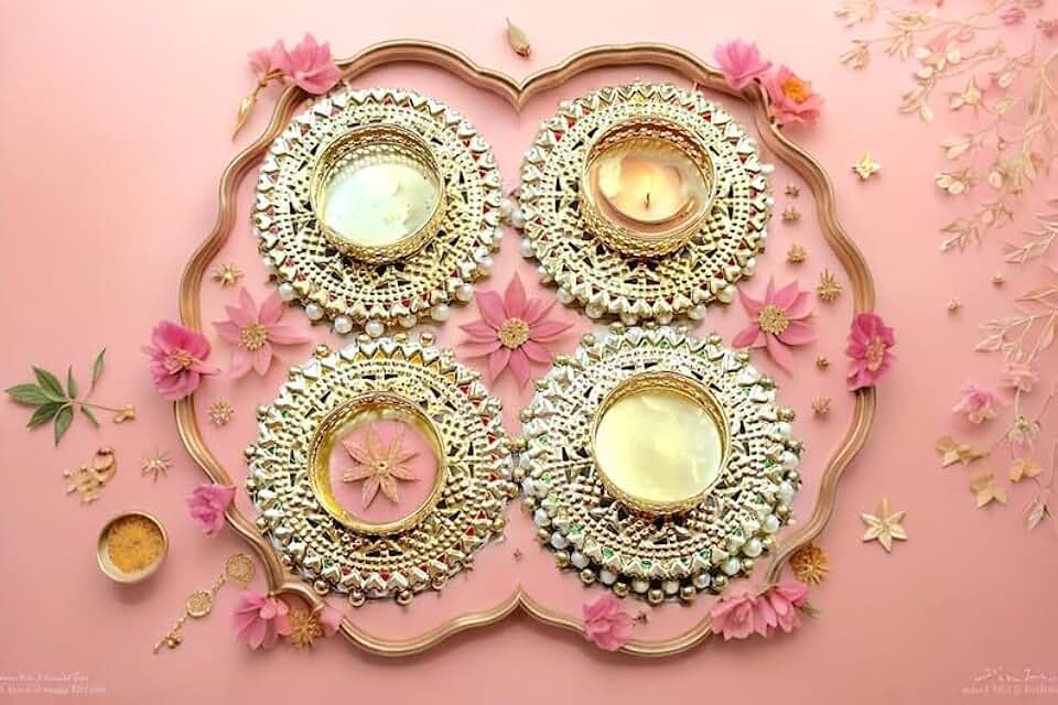Decorative Metallic Tealight Holder for Home Decoration | Diwali Poojan | Festival | Office | Set of 4 (Tealight-46)