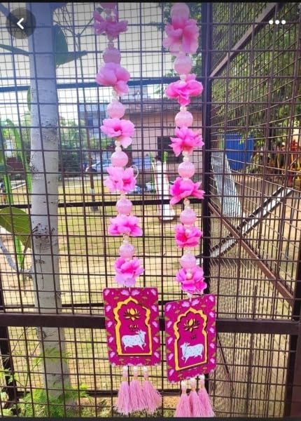 Nutts Handmade Shubh Labh Cow Motif Floral Door Hanging Pack of 2 Decorative Main Door Hanging with Tassels and Pearl Beads for Home Entrance (PMPMT133)