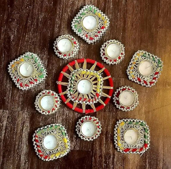 Handcrafted Decorative Rangoli T-Light Holder Set | Diwali Diya Set | Home Decor | Rangoli Tlight Holder Set for Decoration (Rang49)
