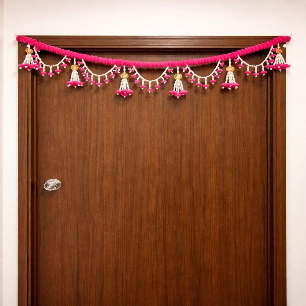 Sellplus Handmade Pink Pom Pom Pearl Beads Bandhanwar with Decorative Hanging Tassels Main Door Toran for Festival Home Decoration Pack of 1 (BDHW93)