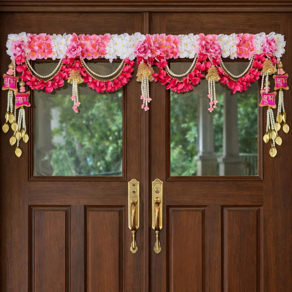 Sellplus Artificial Pink White Flower Pearl Beads Bandhanwar | Elegant Artificial Flower Beads Entrance Bandhanwar for Home Decoration (BDHW118)