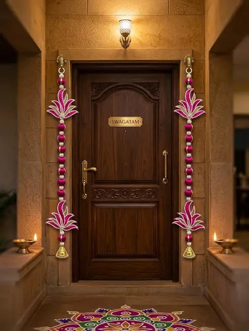 Nutts Handmade Lotus Patch Door Hanging | Beads and Golden Bells Decorative Latkan for Festival Home Entrance Decor Pack of 2 (SMALL60)