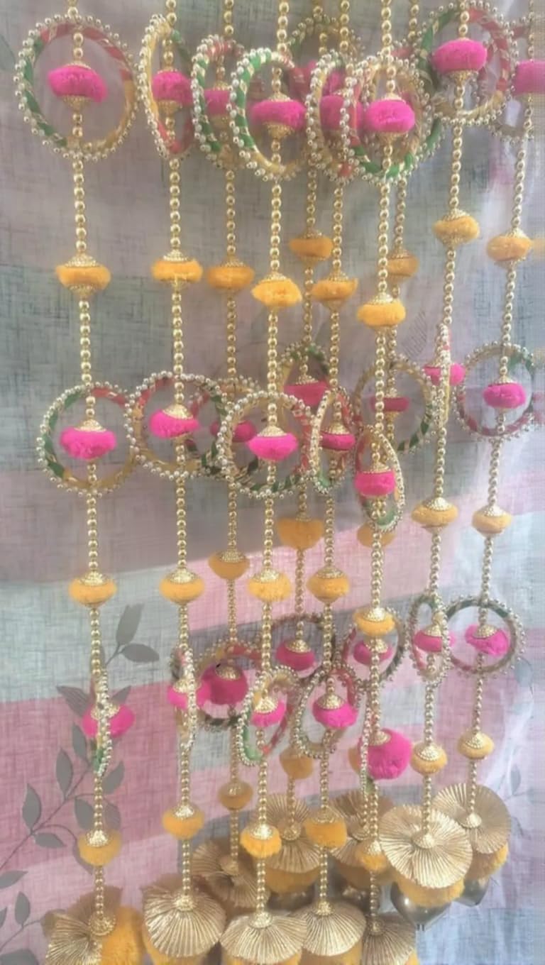 Nutts Handmade Decorative Door Hanging with Yellow Floral Motifs Pom Poms Beads and Tassel for Main Door Pooja Room Festival Home Decoration (PMPMT155)