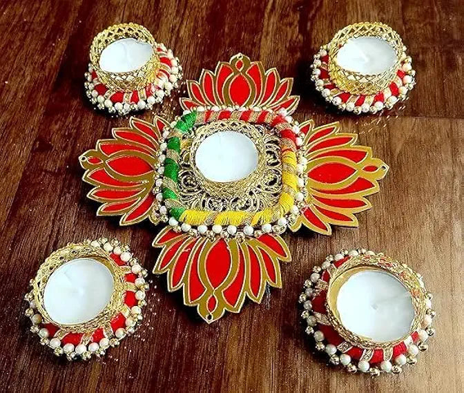 Handcrafted Decorative Rangoli T-Light Holder Set for Diwali | Diya Set | Home Decor | Candle Holder for Decoration