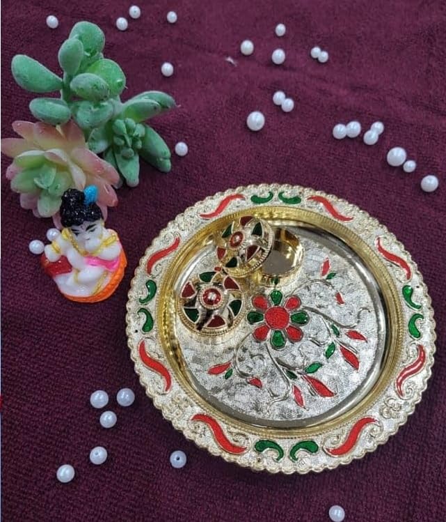 Nutts Decorative Pooja Thali Haldi Kumkum Chandhan Holder Plate Gifts With Small Lord Set for Home & Office Decoration & Gifting (Krishna Ji Round Plate) (PoojaP14-1)
