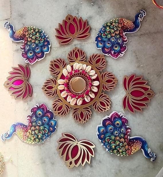 SellPlus Decorative Handmade Multicolour MDF Peacock Lotus Rangoli Tlight | Rangoli Tlight for Decoration | Diwali Diya Set (Rang86)