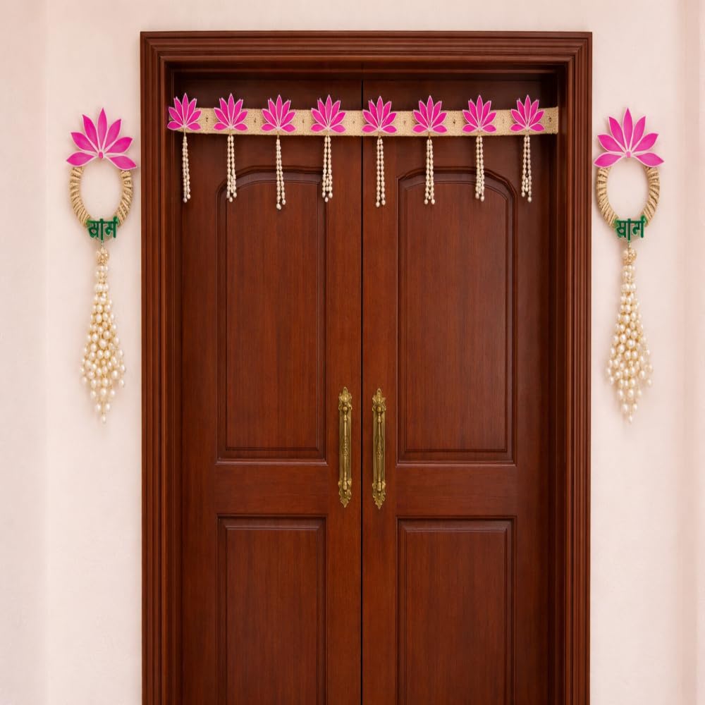 Sellplus Decorative Lotus Pearl Bandhanwar Toran with Hanging Tassels Rangoli Tealight Door Hanging for Diwali Navratri Wedding Festival Home Decor Set of 1 (BDHW62-1)