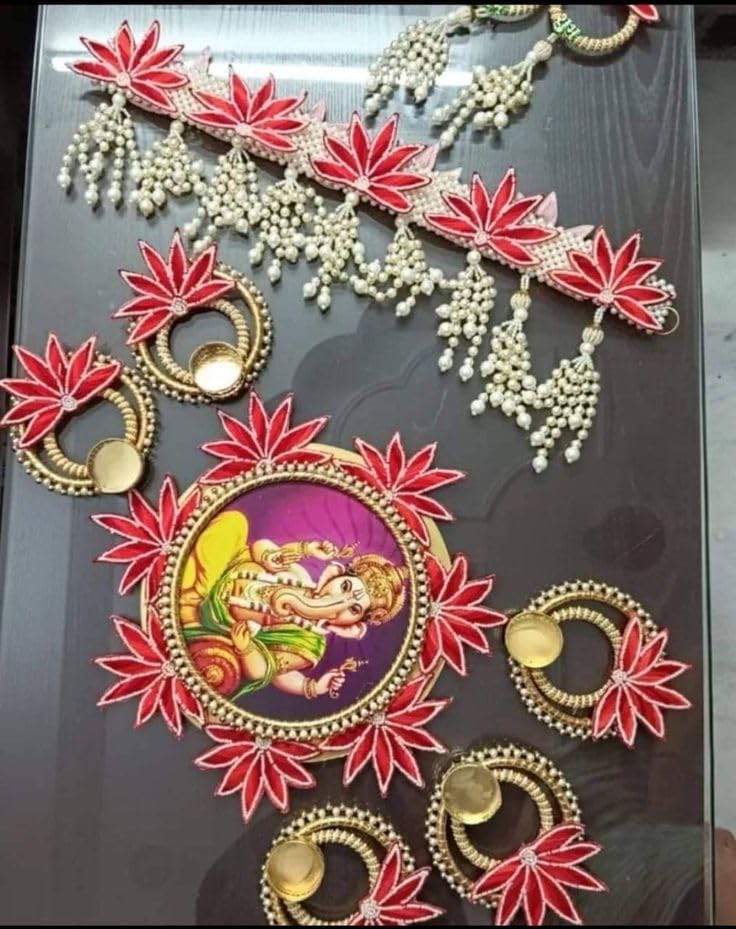 Sellplus Handmade Ganesh Ji Rangoli Tealight Set with Bandhanwar Toran Hanging for Main Door Entrance Diwali Decoration Festival Home Decor (Set of 1) (BDHW62-2)