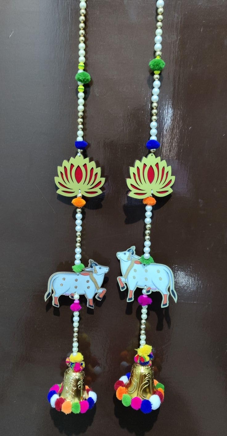 Nutts Handmade Decorative Multicolour Traditional Lotus Cow Pom Pom Bell Beads Hanging for Decoration | Lotus Hanging for Diwali and Festive Decoration (Lotus 132)