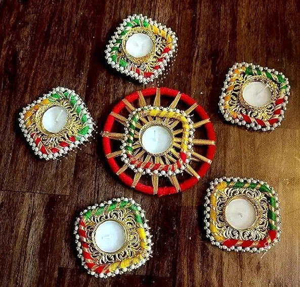 Handcrafted Decorative Rangoli T-Light Holder Set for Diwali | Diya Set | Home Decor | Candle Holder for Decoration(Set1) (Rang71)