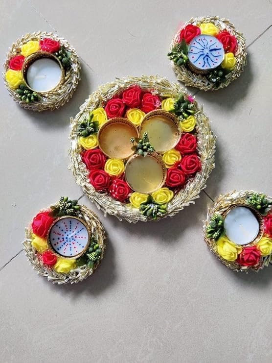 SellPlus Decorative Handmade Multicolour Foam Rose Rangoli Tlight | Rangoli Tlight for Decoration | Diwali Diya Set (Rang108)