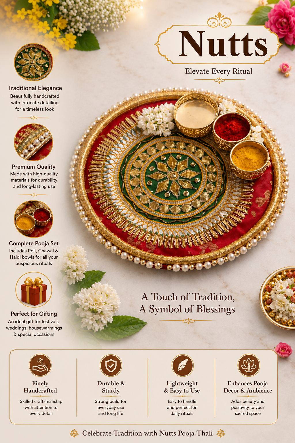 Nutts Decorative Traditional Pooja Thali Elegant Festival Prayer Plate for Home Temple Daily Worship Religious Rituals Festive Decoration (PoojaP01)