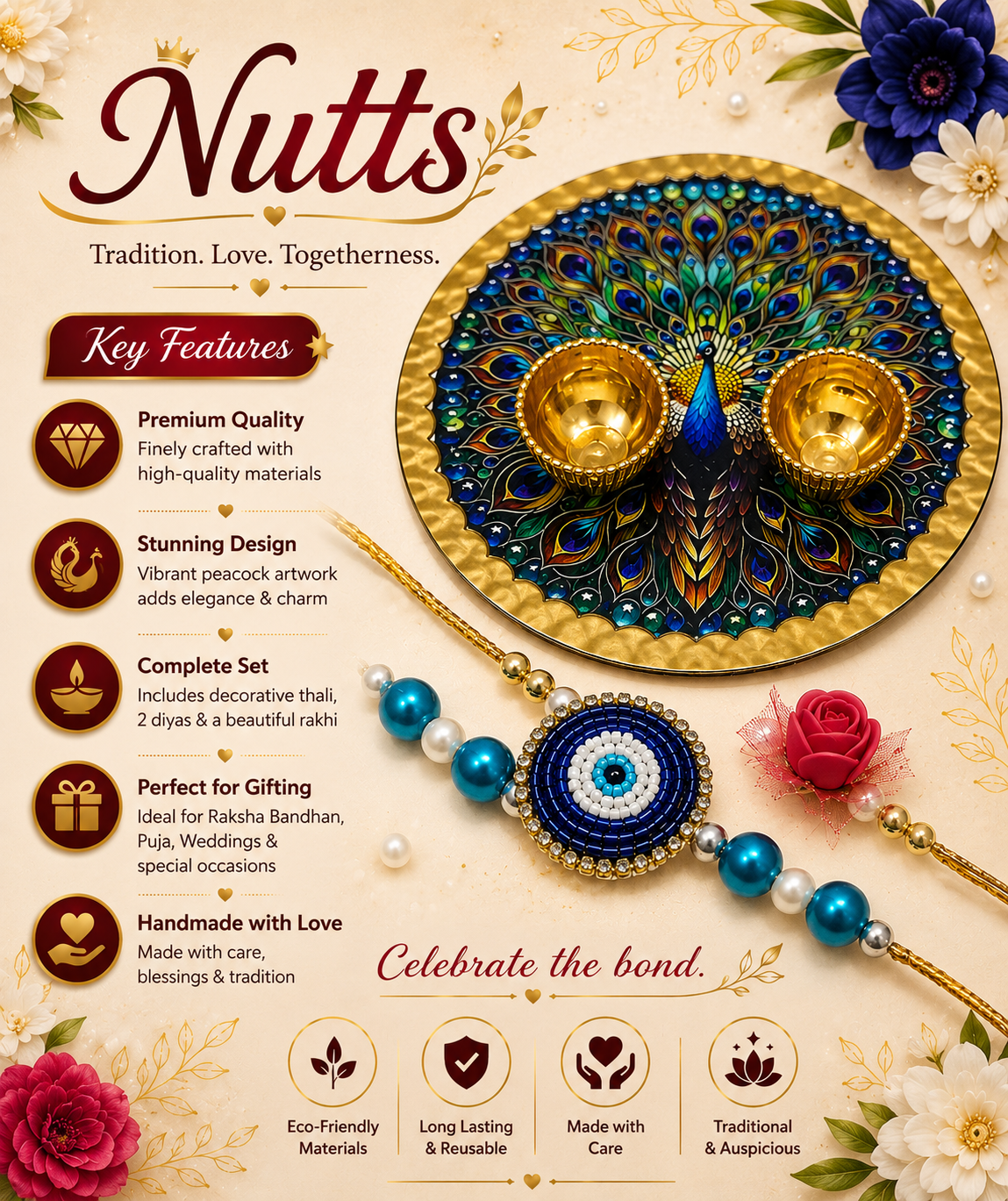 Nutts Rakhi Pooja Plate with Handmade Rakhi for Brother Traditional Decorative Pooja Thali for Raksha Bandhan(RakhiP04)