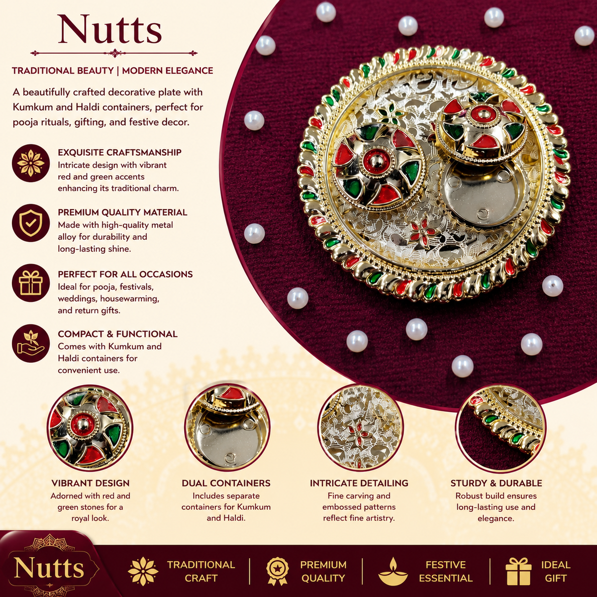 Nutts Decorative Laxmi Ganesh Ji Pooja Thali Traditional Festival Puja Plate for Diwali Navratri Housewarming Temple Rituals Home Decoration (PoojaP24)