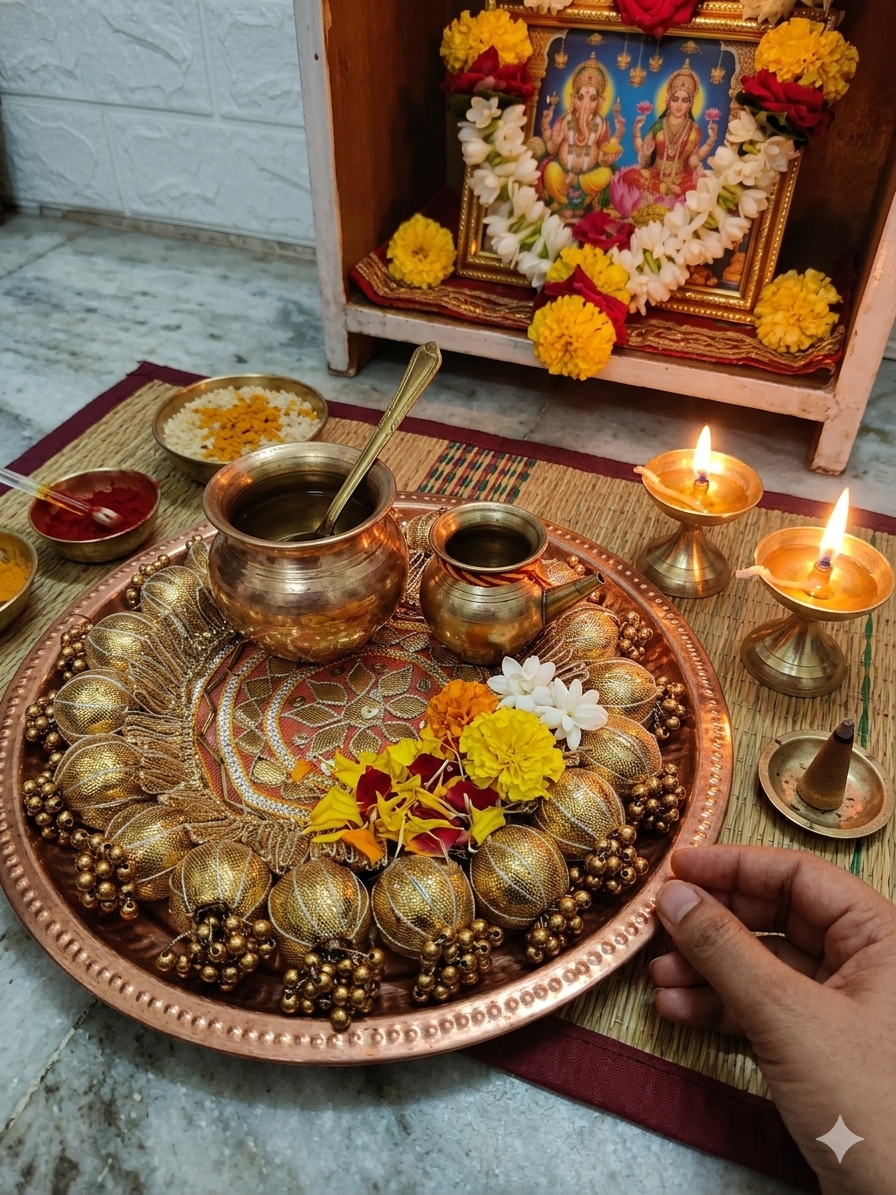 Nutts Decorative Traditional Pooja Thali Elegant Festival Prayer Plate for Home Temple Daily Worship Religious Rituals Festive Decoration (PoojaP03-2)