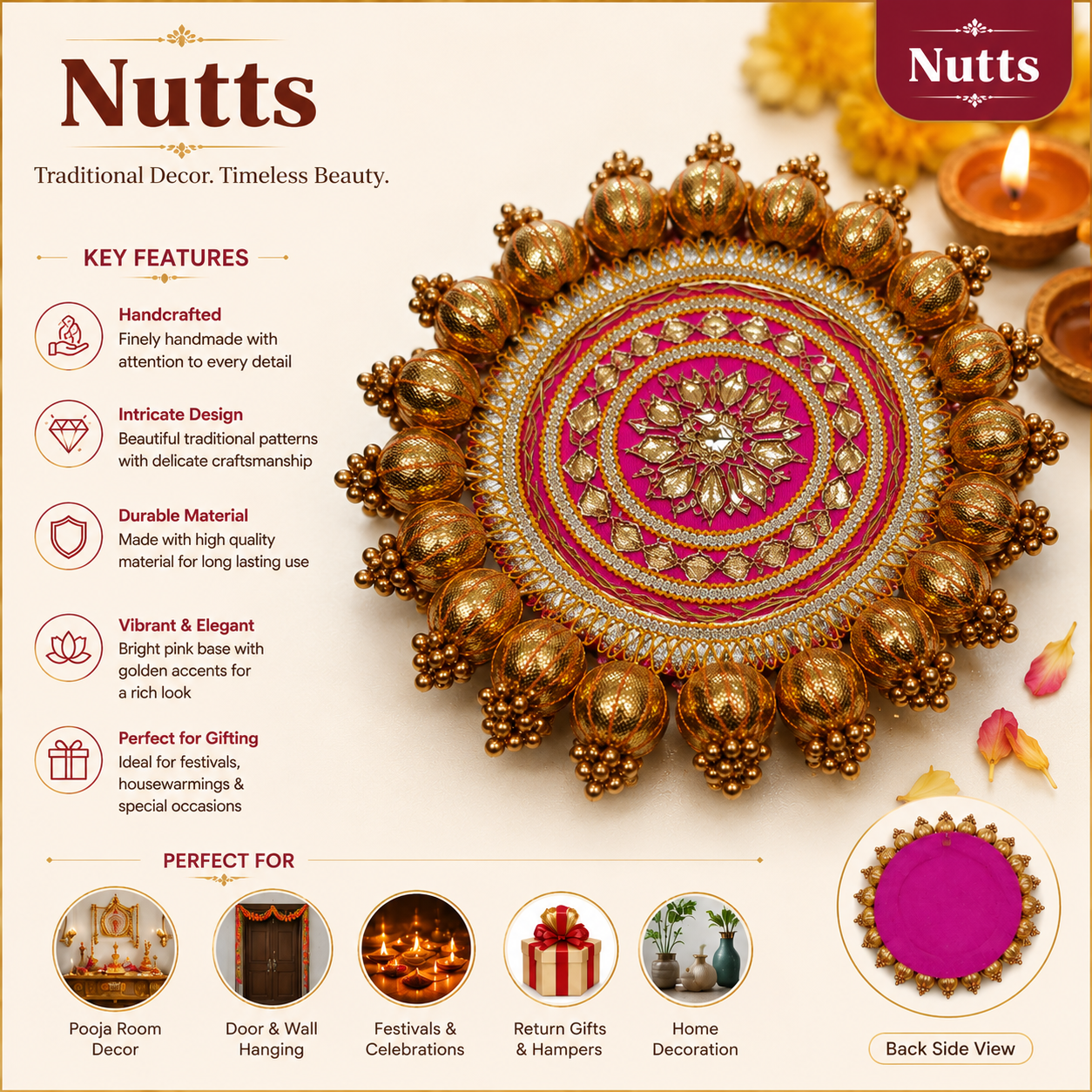 Nutts Decorative Traditional Pooja Thali Elegant Festival Prayer Plate for Home Temple Daily Worship Religious Rituals Festive Decoration (PoojaP03-3)