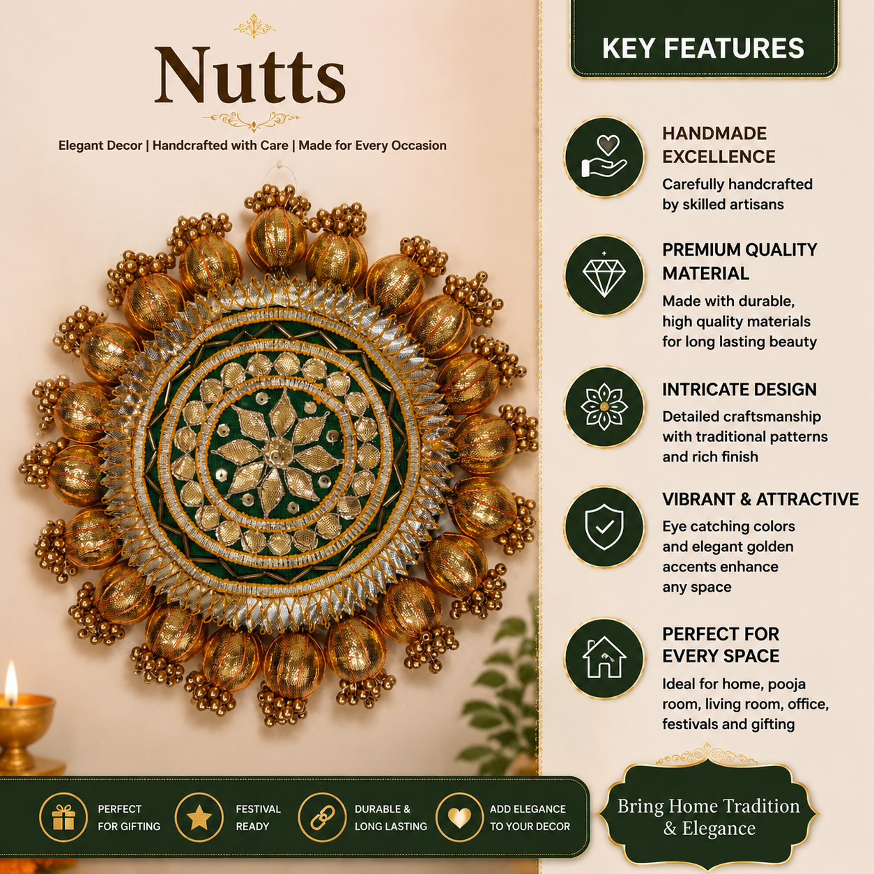 Nutts Decorative Traditional Pooja Thali Elegant Festival Prayer Plate for Home Temple Daily Worship Religious Rituals Festive Decoration (PoojaP03-5)