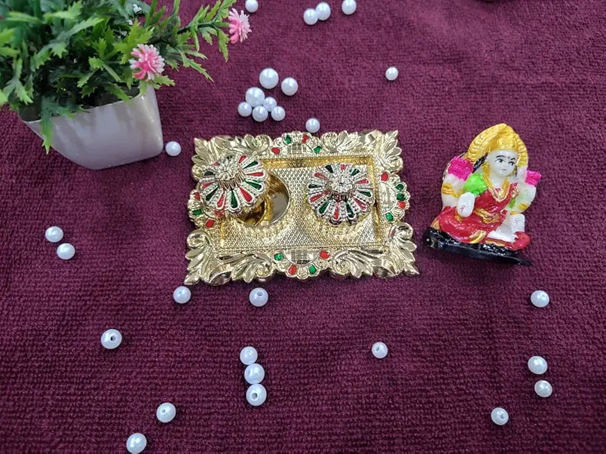 (Combo of 1 Pc Squar Tilak Plater & Laxmi Ji) Traditional Pooja Thali, Diwali Decoration Sindoor Dibbi for Rakhi Rakshabandhan, Tilak with Kumkum,Haldi Holder Uniqe Decorative Plater