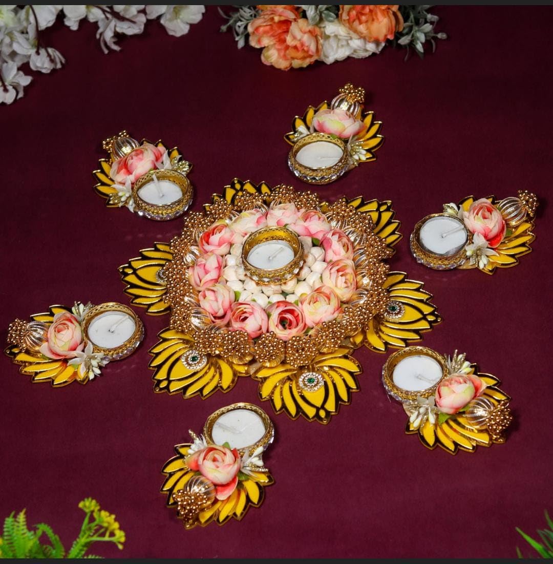 Sellplus Elegant Handmade Rangoli Tealight Set Traditional Festival Floor Decoration Reusable Decorative Design for Diwali Pooja Home Entrance Celebration Decor (Rang27-3)