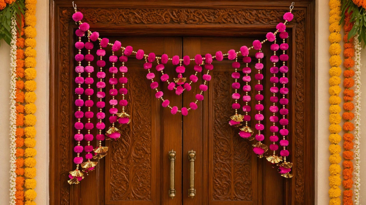 Sellplus Decorative Handcrafted Pom-Pom Beads Bandhanwar | Traditional Jaal Chudi Bell Pom-Pom Multicolour Bandhanwar for Main Door Decoration (Pack of 1) (BDHW433-1 (Pink))