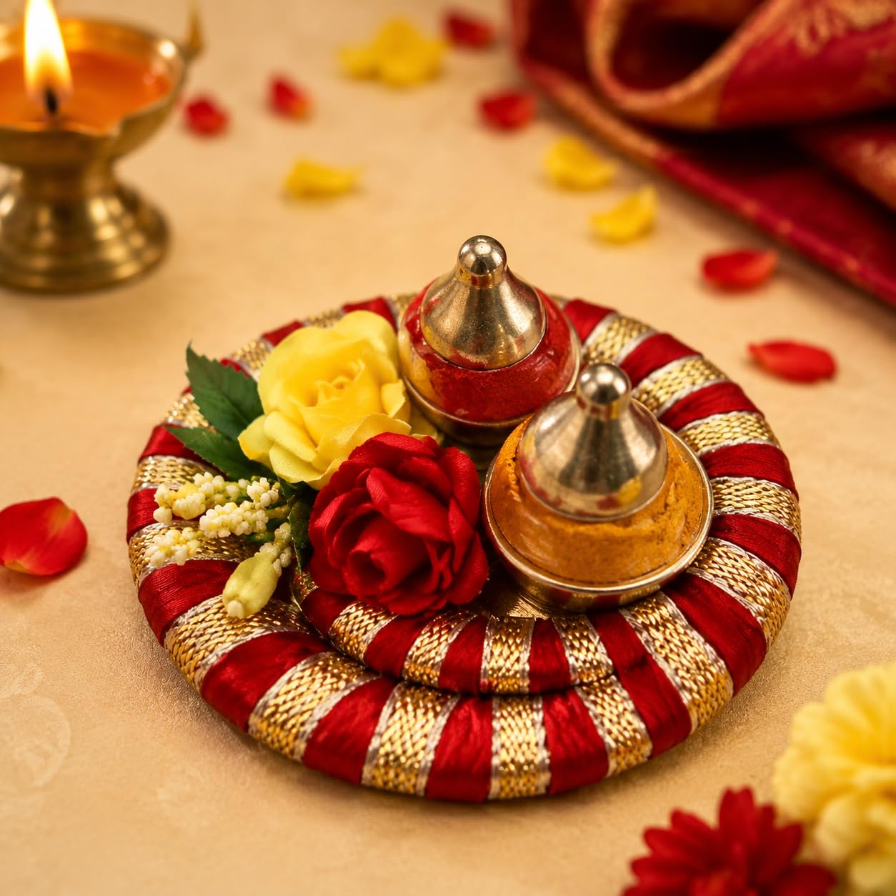 Sellplus Traditional Handmade Roli Chawal Pooja Thali Festival Tilak Ceremony Mandir Decor Wedding Diwali Navratri Decorative (RC9)