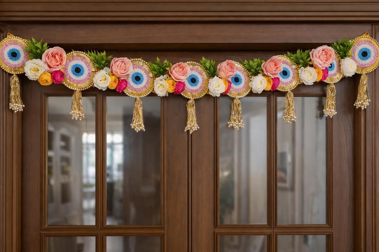 Sellplus Traditional Handmade Artificial Flower Bandhanwar | Decoartive Evil Eye Beads Bandhanwar for Main Door Entrance and Welcoming Area (Pack of 1) (BDHW396)