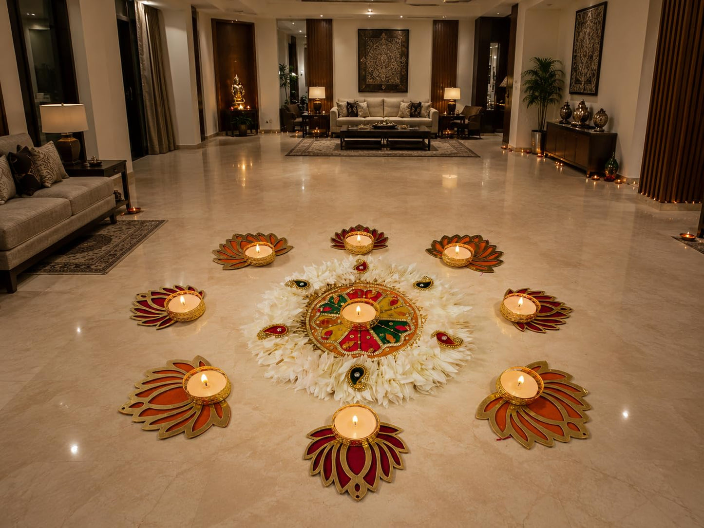 Sellplus Traditional Rangoli Tealight Set Decorative Festival Floor Decor for Diwali Navratri Pooja Wedding Home Entrance Reusable Elegant Design Set of 1 (Rang160)