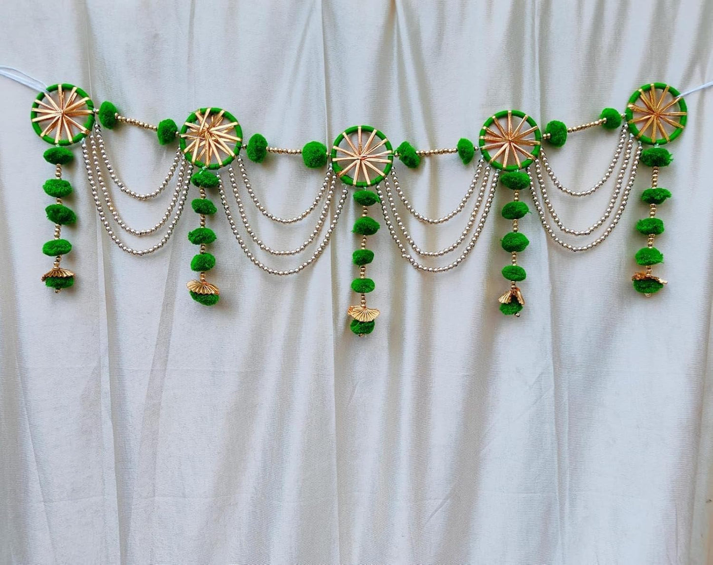 Sellplus Decorative Handcrafted Pom-Pom Beads Bandhanwar | Traditional Jaal Chudi Bell Pom-Pom Multicolour Bandhanwar for Main Door Decoration (Pack of 1) (BDHW499-3 (Green))