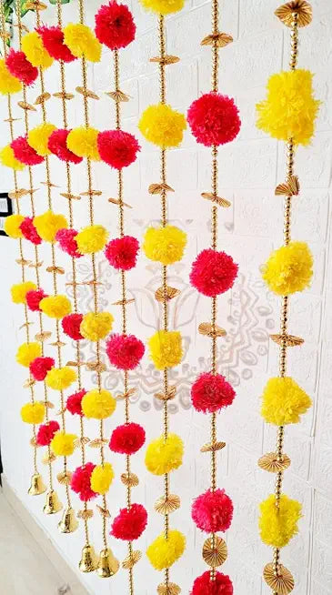 Pom Pom & Gota Chakri with Bell Hanging | Pom Pom with Bell Hanging for Home Decoration | Walls & Door Sides Hangings | Hanging Torans Strings (Pack of (6, Red & Yellow)