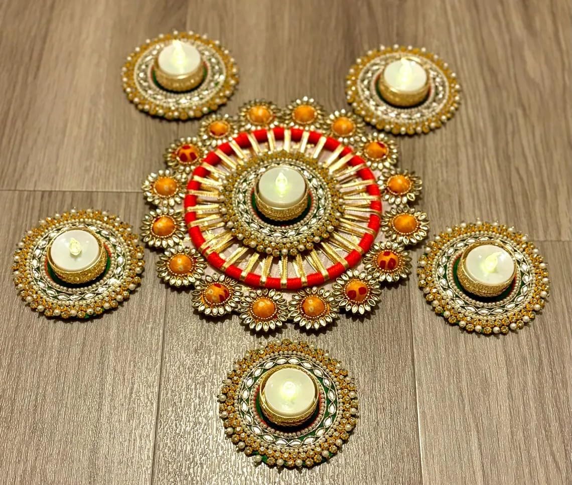 Sellplus Traditional Handmade Red Golden Pearl Tealight Rangoli Decorative Candle Holder Set for Diwali Pooja Wedding Festival Home Decoration Centerpiece Reusable Design (Rang43-1)