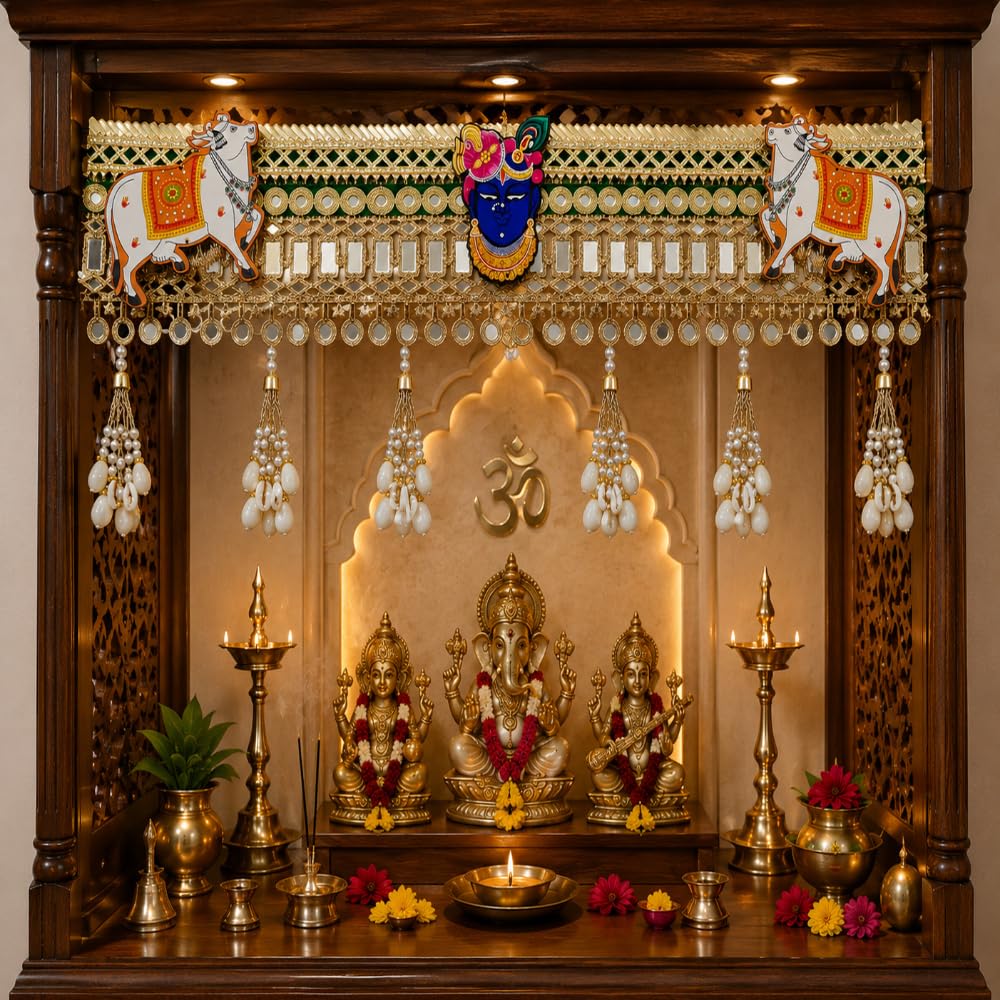 Sellplus Traditional Handcrafted Shree Krishna Cow Divine Mirror Pearl Designer Door Bandhanwar Toran for Diwali Decoration and Festive Home Entrance Decor (BDHW295)