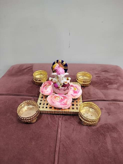 Lord Ganesha Idol on Decorative Handcrafted Peony Flower Plate for Home Decoration & Ganesh Chaturthi Decoration(Pack of 1) Tealight-65