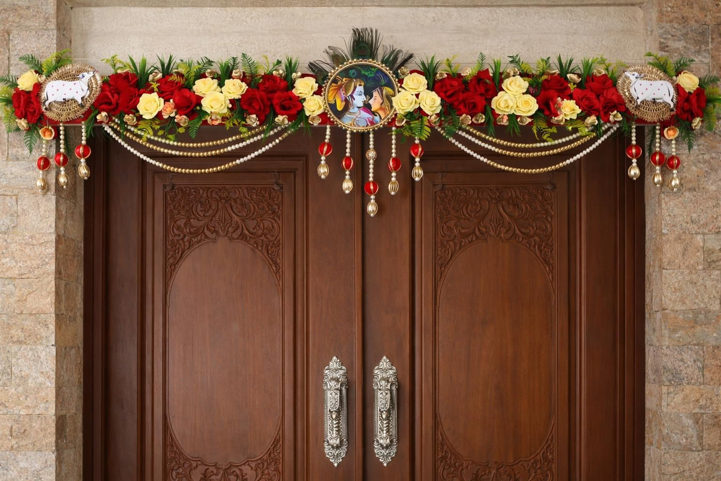Sellplus Traditional Handmade Divine Artificial Flower Bandhanwar | Decoartive MDF Radha Krishna Floral Bandhanwar for Main Door Entrance and Welcoming Area (Pack of 1) (BDHW228)