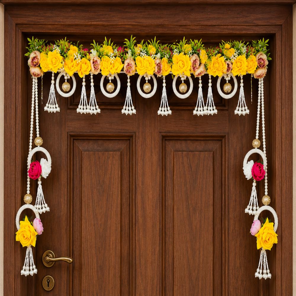 Sellplus Traditional Handcrafted Luxury Yellow Rose Pearl Ring Designer Door Bandhanwar Toran for Diwali Decoration and Festive Home Entrance Decor (BDHW467)