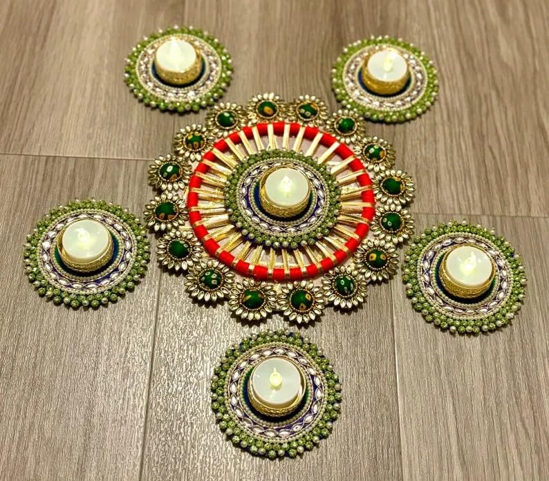 Sellplus Traditional Handmade Red Golden Pearl Tealight Rangoli Decorative Candle Holder Set for Diwali Pooja Wedding Festival Home Decoration Centerpiece Reusable Design (Rang43-3)