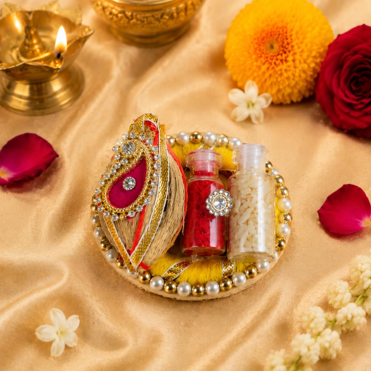 Sellplus Traditional Roli Chawal Pooja Tilak Set Festival Ritual Essentials Auspicious Prayer Ceremony Temple Home Decor(Pack of 6)(RC18)